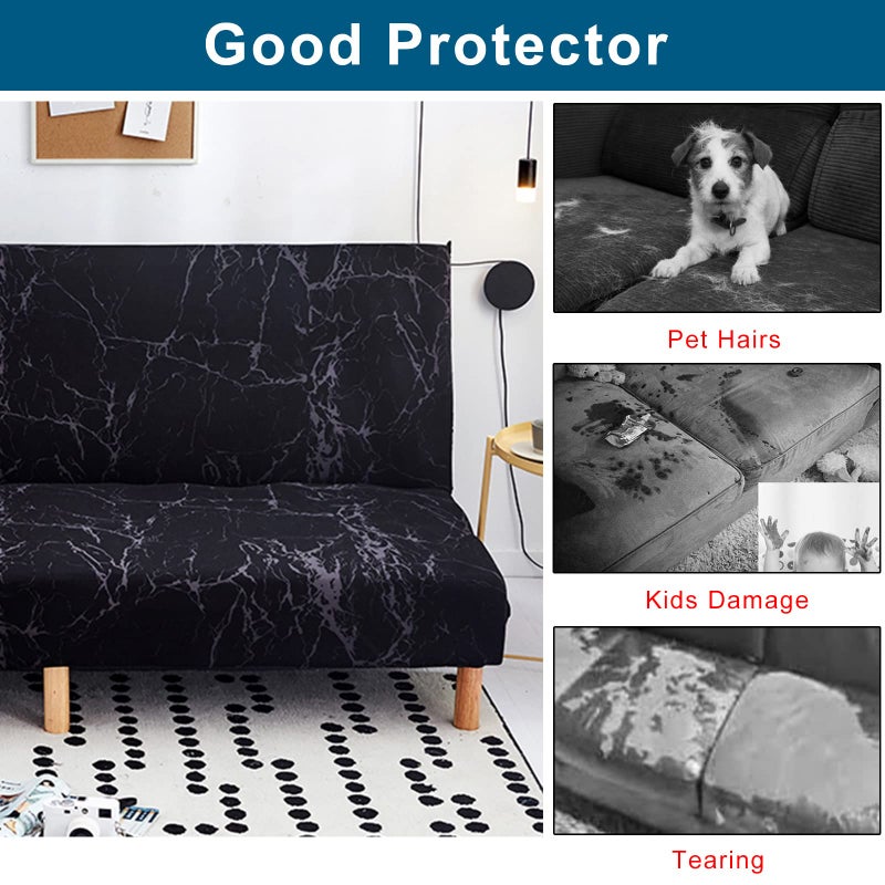 WOMACO Printed Futon Cover Stretch Sofa Bed Slipcovers Full Twin Queen Size Armless Couch Loveseat Protector Covers with Elastic Bottom for Living Room Bedroom Furniture (Black Marble, 63"-75") - Image 4